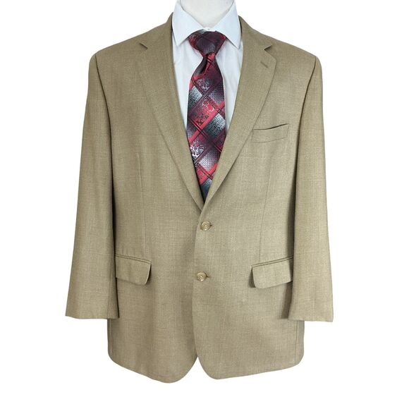 Ralph Lauren Jacket Blazer Sport Coat 44R Silk Wool Beige Windowpane 2-BTNTan